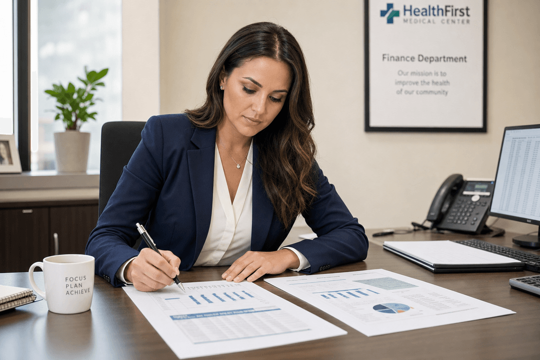 Finance specialist reviewing AR aging reports, charts, and recovery metrics at a healthcare finance desk