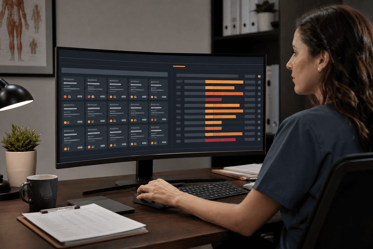 Analyst reviewing prioritized denial workqueues and recovery scores on screen
