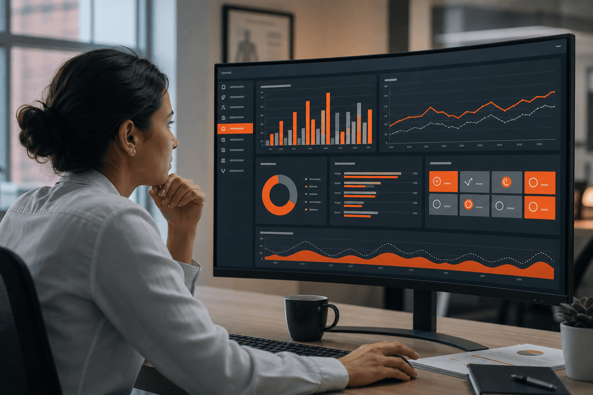 Analyst reviewing denial trends, appeals, and coding-related metrics on dashboards