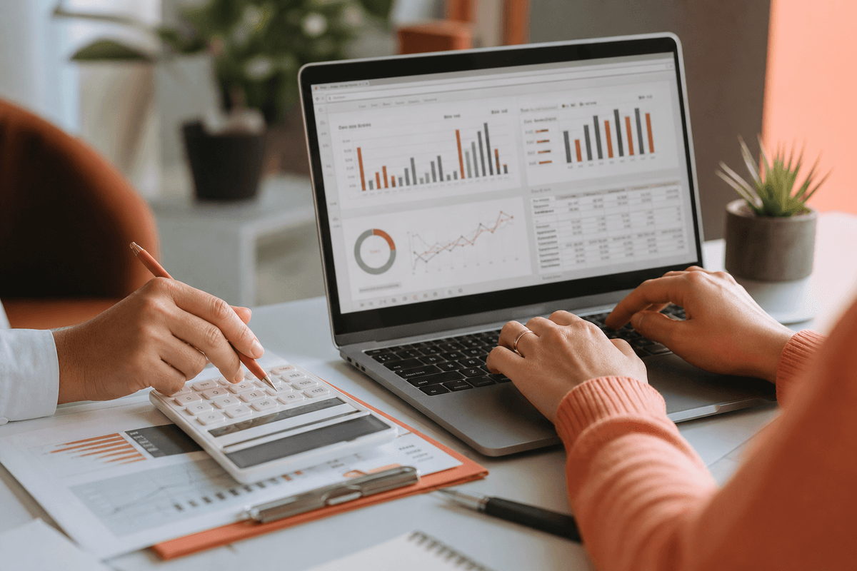 Finance professionals analyzing revenue metrics with calculator and laptop
