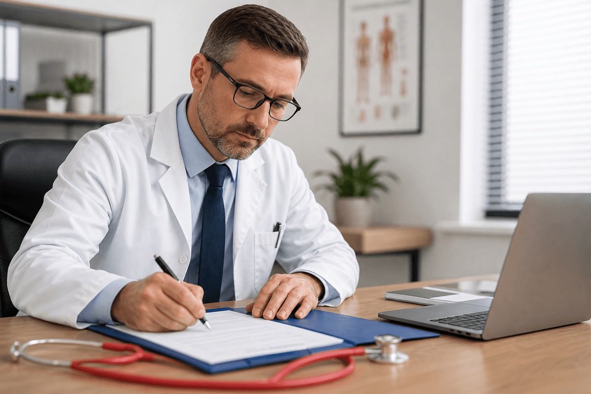 Physician completing documentation with organized revenue cycle materials nearby