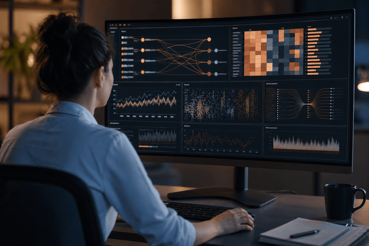 Healthcare analytics dashboards and pipeline diagrams on a workstation