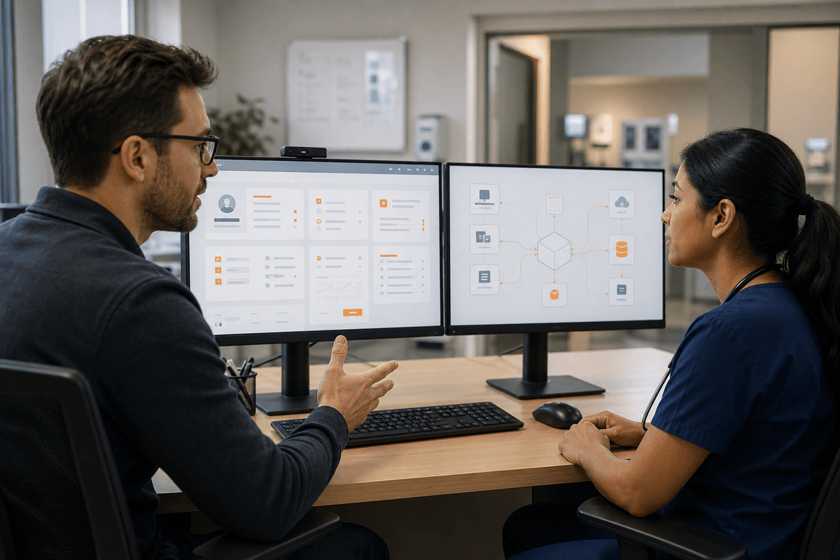 Clinical and IT leaders reviewing connected systems on monitors