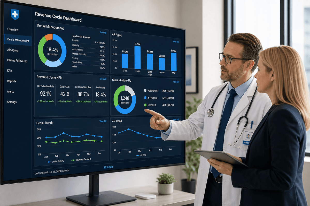 Healthcare professional analyzing denial patterns on analytics dashboard