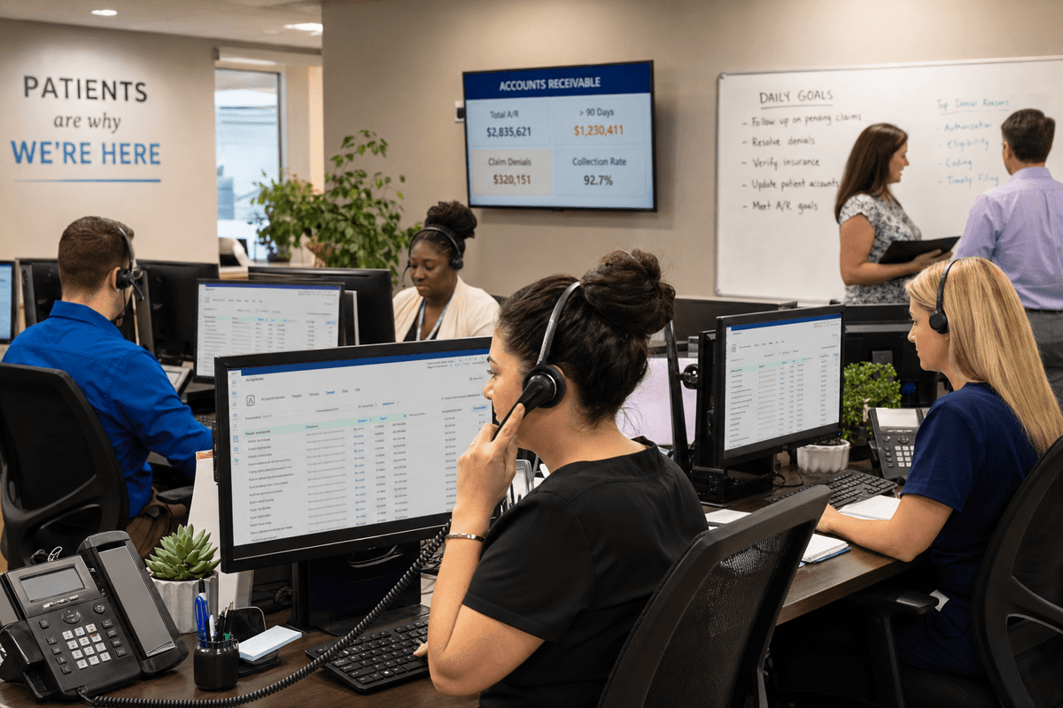 Medical billing team following up on outstanding insurance claims