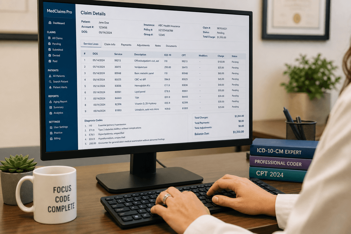 Medical billing specialist reviewing patient claims on computer