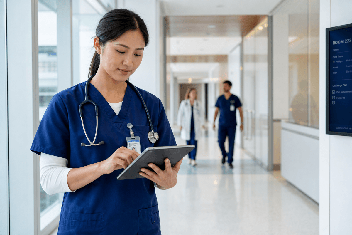 Medical professional entering data on a tablet in hospital hallway