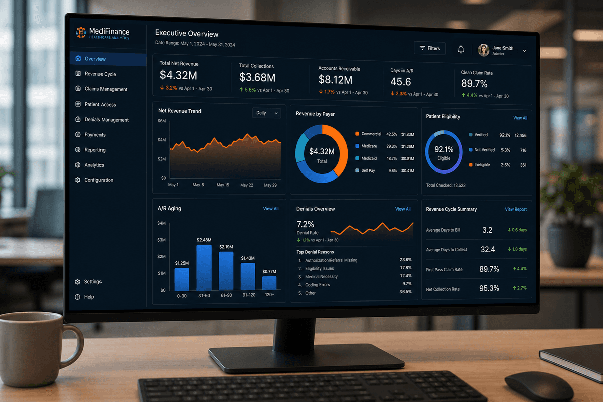Healthcare financial analytics dashboard on monitor