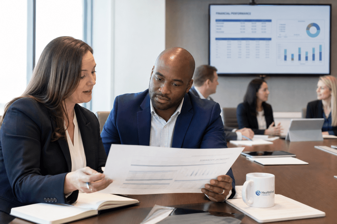 Healthcare finance professionals reviewing patient access management strategy