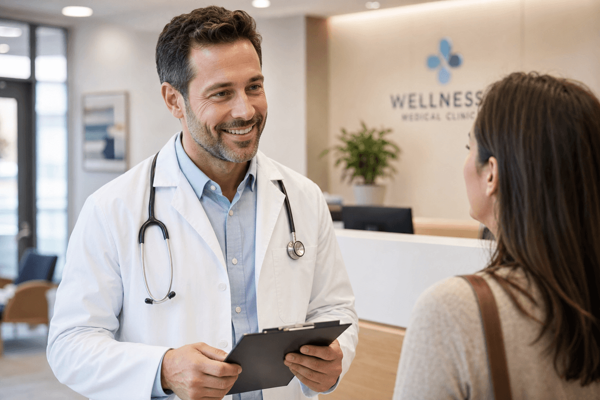 Doctor consulting with patient at clinic front desk
