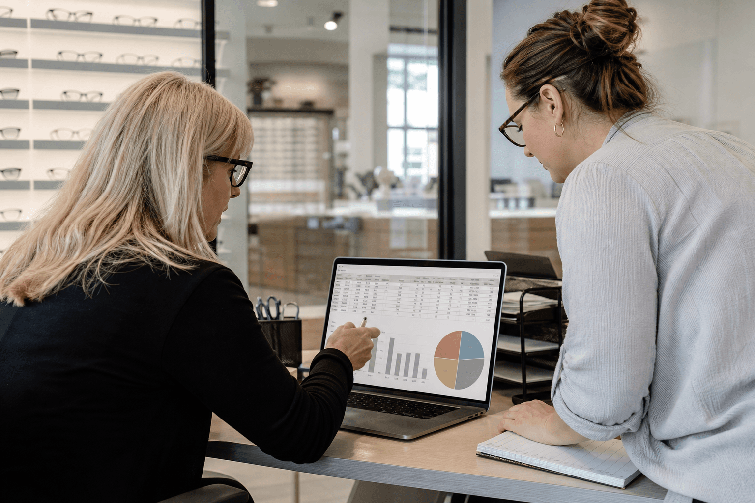Practice leadership reviewing billing and AR performance with optical retail in the background