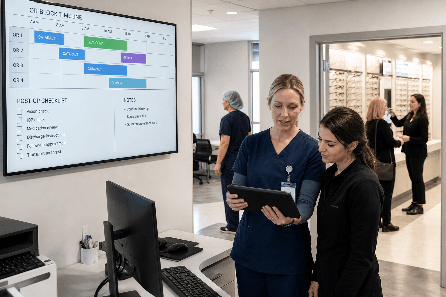 Surgery center coordination linking perioperative episodes with optical retail operations