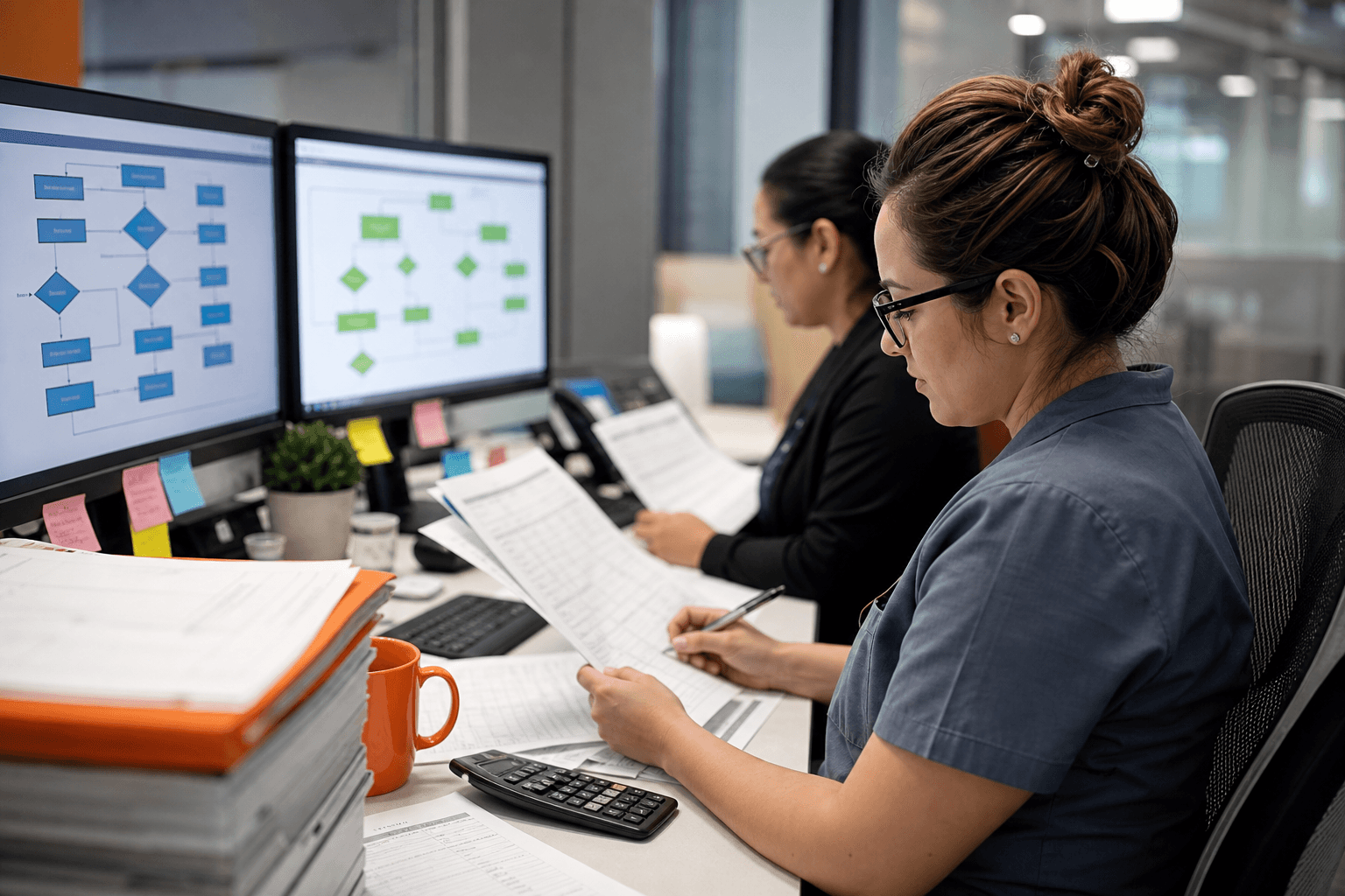 Revenue cycle specialists reviewing ophthalmology claims and payer routing between medical and vision benefits