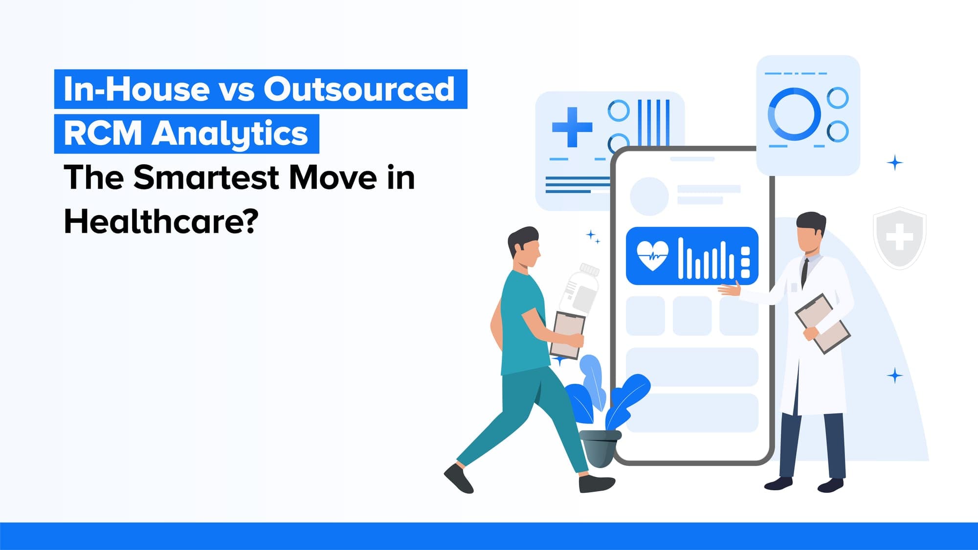 Illustration comparing in-house vs outsourced RCM analytics in healthcare with doctors and data chart